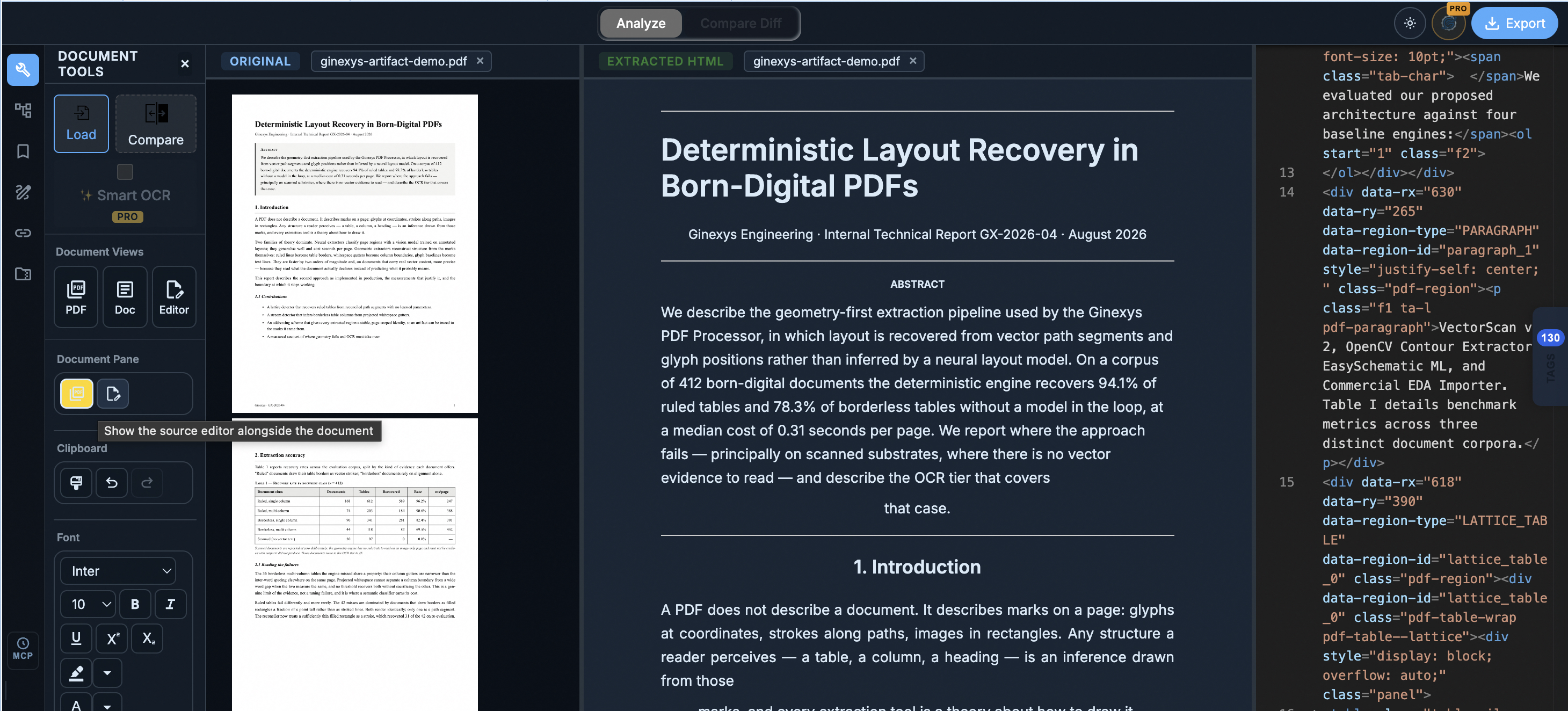 Document Workbench in dark mode with the original PDF on the left, extracted HTML in the middle, and the source editor on the right.