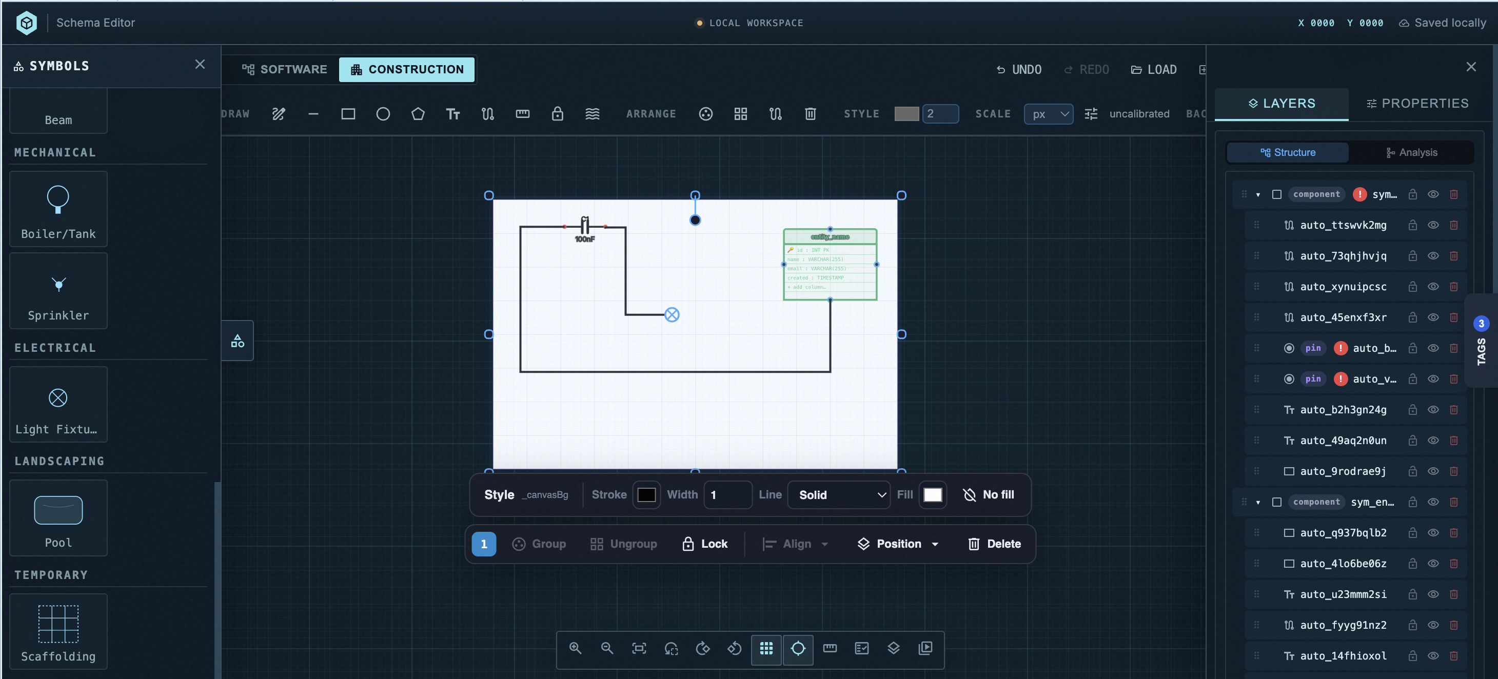 Schema Editor in dark mode with a selected canvas object, a floating style toolbar, symbols on the left, and layers on the right.