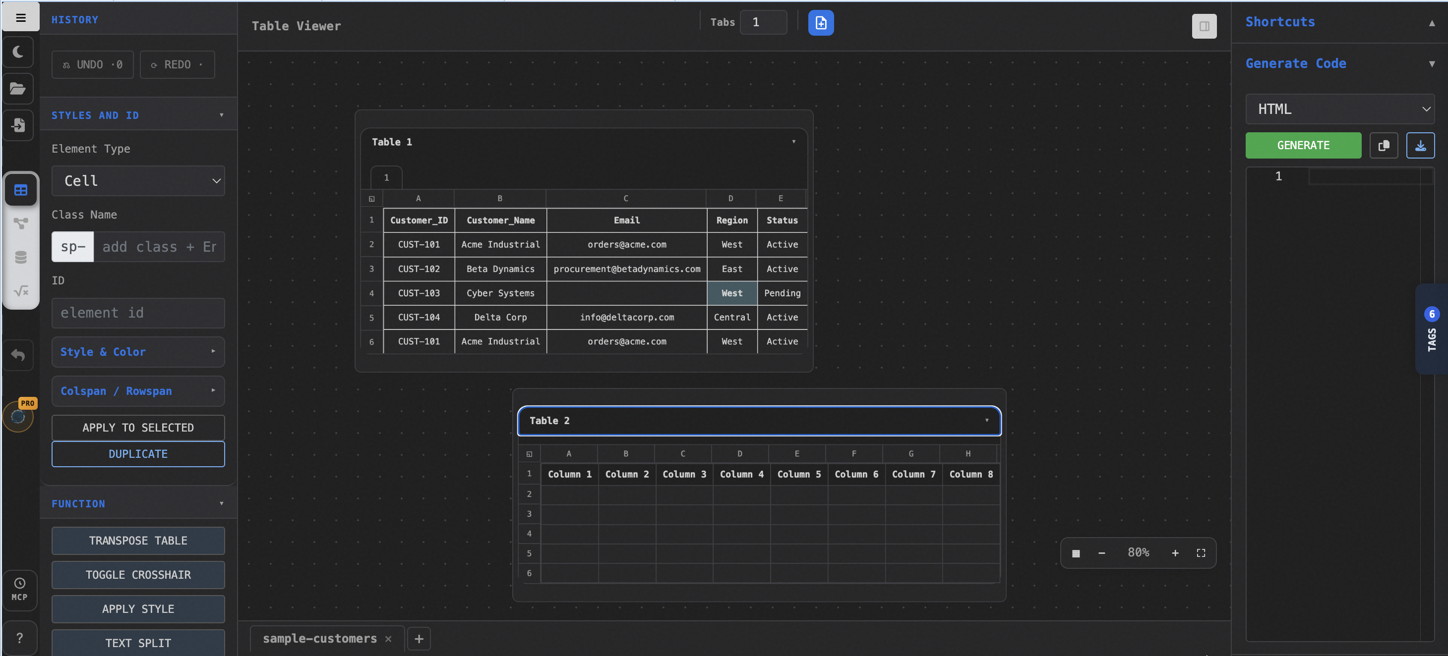 Table Formatter in dark mode with two tables, lettered columns, style controls on the left, and Generate Code on the right.